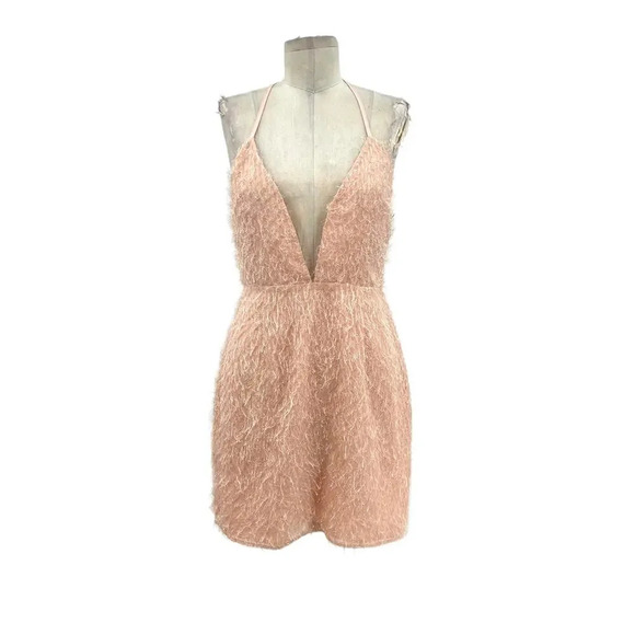 About Us Revolve Natalie Mini Dress Textured‎ Plunge Neck Pink Size Medium - Picture 2 of 15